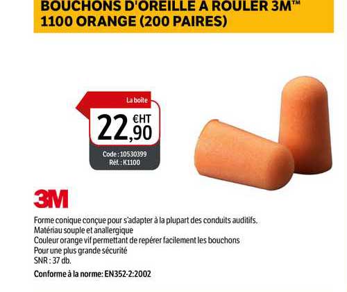 bouchons d'oreille à roulet 3m 1100 orange (200 paires)