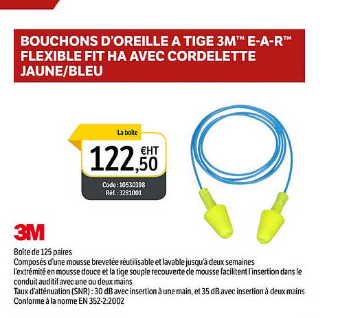 bouchons d'oreille à tige 3m tm e-a-r tm flexible fit ha avec cordelette jaune-bleu