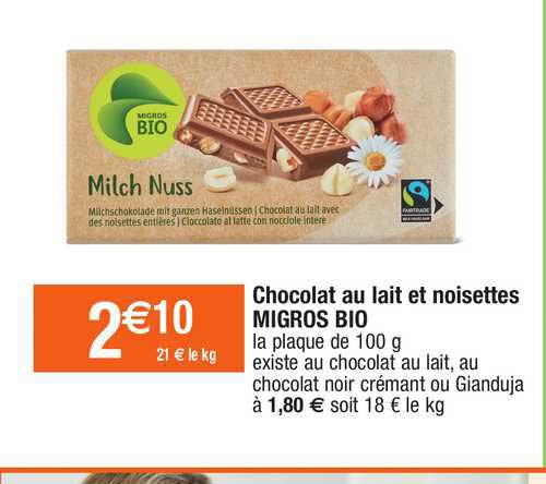 chocolat au lait et noisettes migros bio