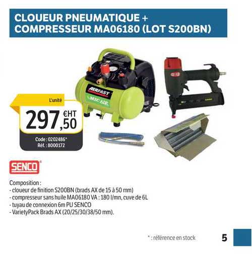 cloueur pneumatique + compresseur ma06180 (lot s200bn) senco