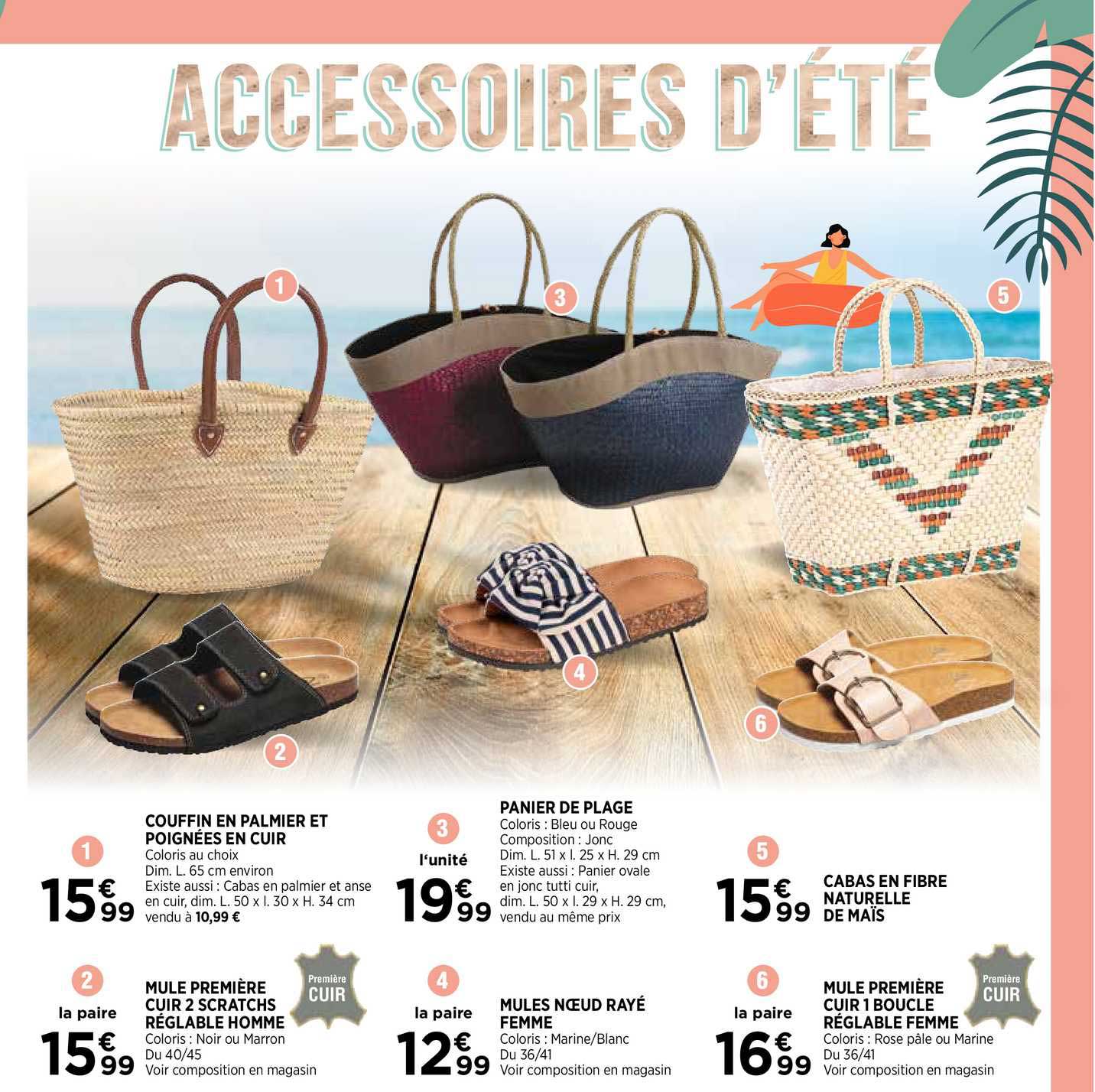 coffin en palmier et poignées en cuir, mule première cuir 2 scratchs réglable homme, panier de plage, mules noeud rayé femme, cabas en fibre naturelle de maïs, mule première cuire 1 boucle réglable