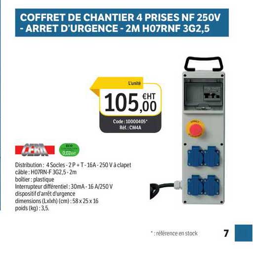 coffret de chantier 4 prises nf 250v - arrêt d'urgence - 2 m h07rnf 3g2,5