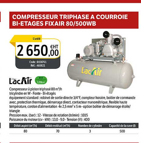 compresseur triphasé à courroie bi-étages fixair 80-500wb lacair