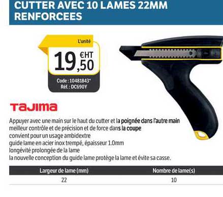 Cutter Avec 10 Lames 22mm Renforcées Tajima
