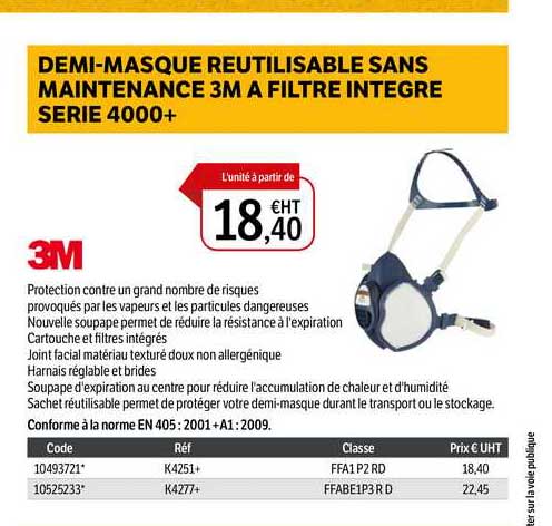 demi-masque réutilisable sans maintenance 3m à filtre intégré série 4000+