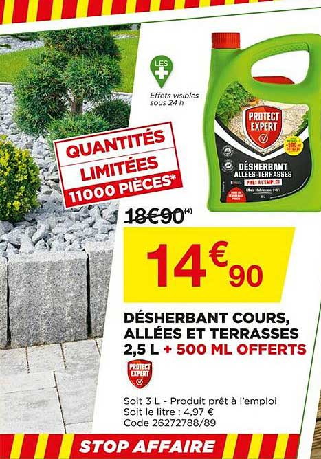désherbant cours allées et terrasses 2.5 l + 500 ml offerts