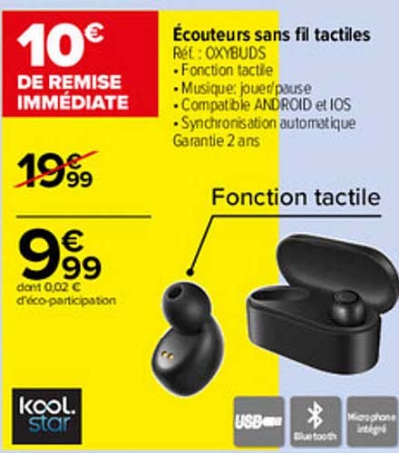 écouteurs sans fil tactiles kool star