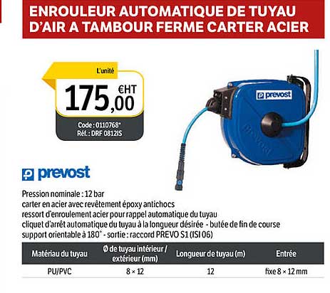 enrouleur automatique de tuyau d'air à tambour ferme carter acier prevost