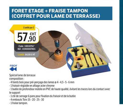 foret étage + fraise tampon (coffret pour lame de terrasse)