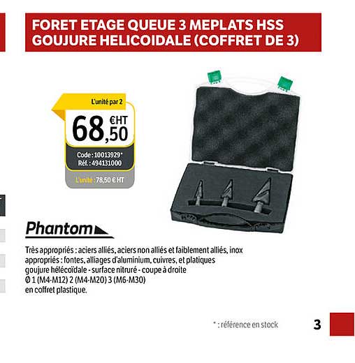 foret étage queue 3 méplats hss goujure hélicoïdale (coffret de 3) phantom