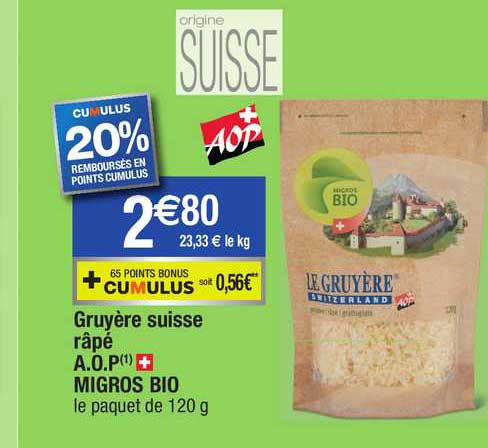 gruyère suisse râpé a.o.p. migros bio