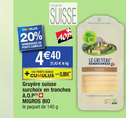 gruyère suisse surchoix en tranches a.o.p. migros bio