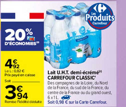 lait u.h.t. demi-écrémé carrefour classic'