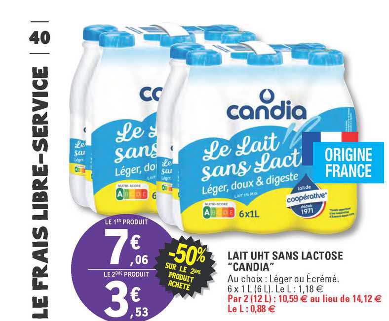 lait uht sans lactose "candia" -50% sur le 2ème produit acheté