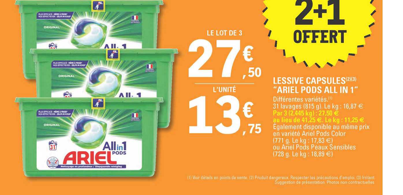 lessive capsules "ariel pods all in 1" 2+1 offert