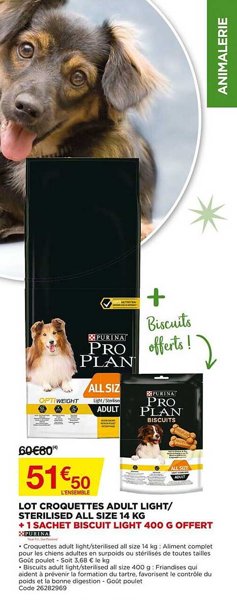 lot croquettes adult light-sterilised all size 14 kg + 1 sachet biscuit light 400 g offert