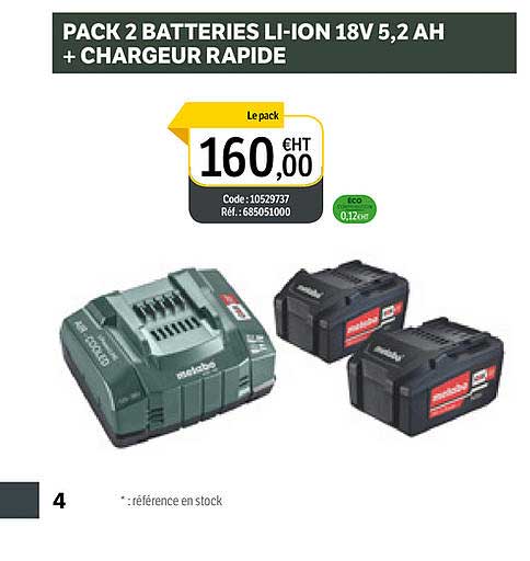 pack 2 batteries li-ion 18v 5,2 ah + chargeur rapide