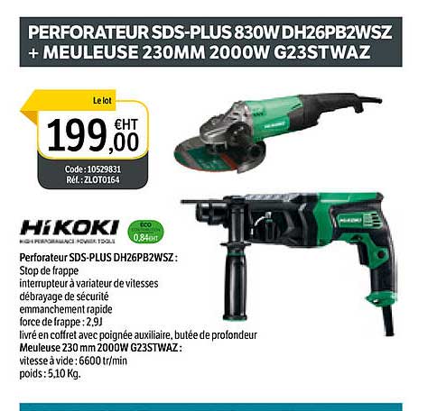 perforateur sds-plus 830w dh26pb2wsz + meuleuse 230mm 2000w g23stwaz hikoki