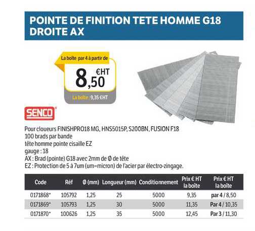 pointe de finition tête d'homme g18 droite ax senco