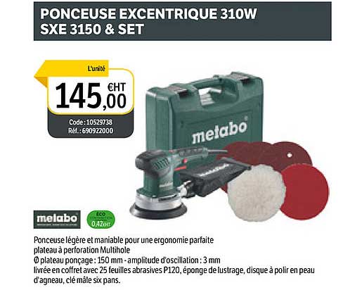 ponceuse excentrique 310w sxe 3150 & set metabo