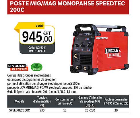 poste mig-mag monophase speedtec 200c lincoln electric