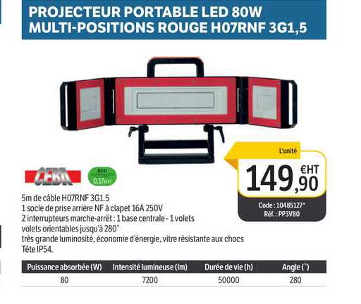 projecteur portable led 80w multi-positions rouge h07rnf 3g1,5
