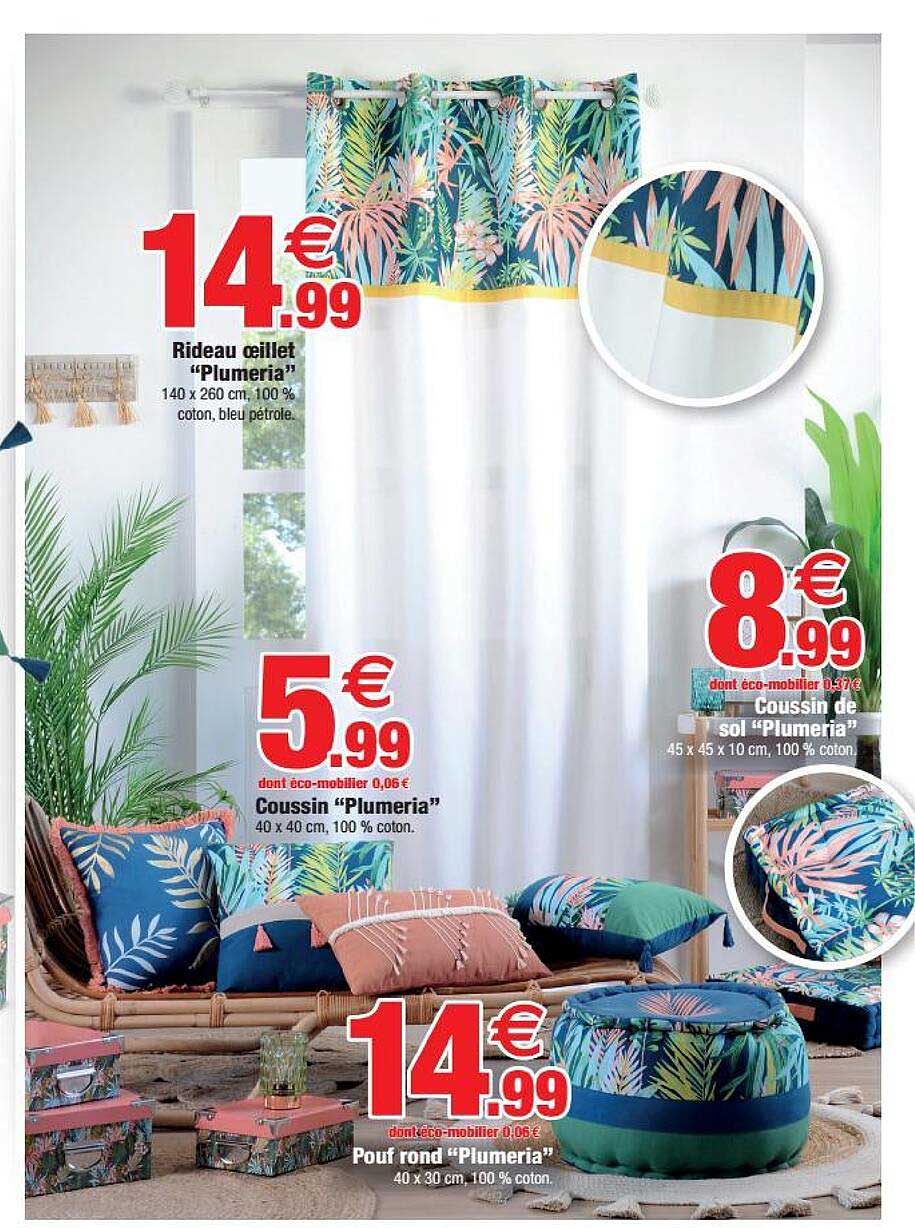 rideaux œillet "plumeria", coussin "plumeria", coussin de sol "plumeria", pouf rond "plumeria"