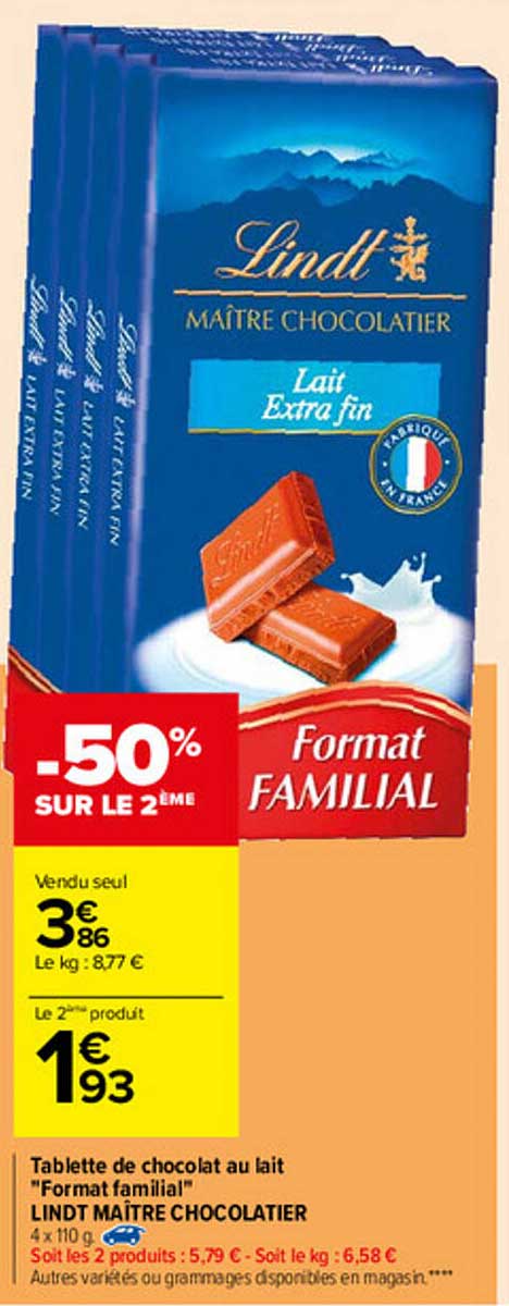 tablette de chocolat au lait "format familial" lindt maître chocolatier