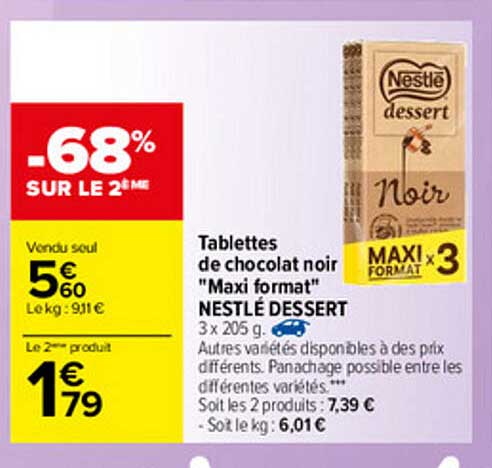 tablettes de chocolat noir "maxi format" nestlé dessert
