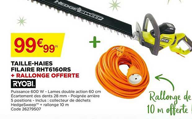 taille-haies filaire rht616ors + rallonge offerte ryobi