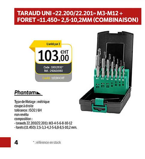 taraud uni «22.200.201» m3-m12 + foret «11.450» 2,5-10,2 mm (combinaison) phantom