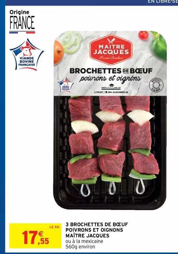 3 brochettes de boeuf poivrons et oignons maître jacques