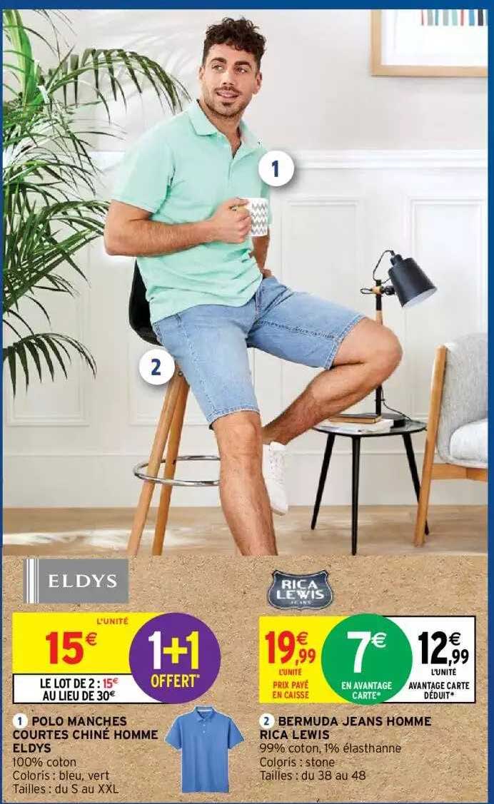 polo manches courtes chiné homme eldys, bermuda jeans homme rica lewis