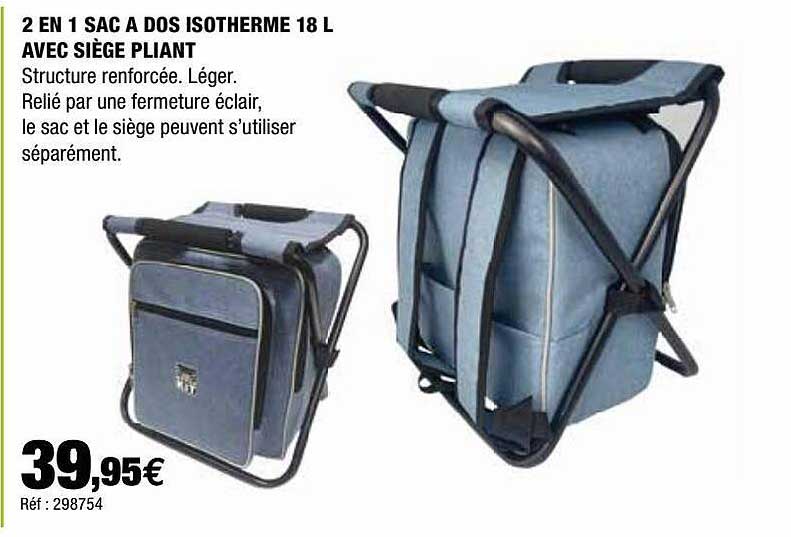 2 en 1 sac à dos isotherme 18l avec siège pliant