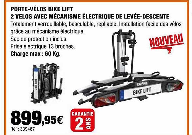 porte-vélos bike lift 2 vélos avec mécanisme électrique de levée-descente