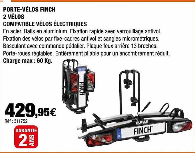 porte-vélos finch 2 vélos compatible vélos électriques