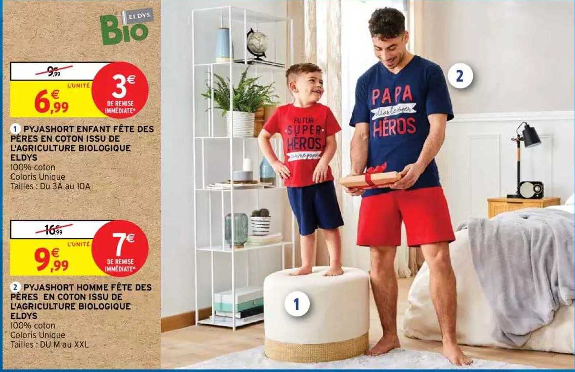 pyjashort enfant fête des pères en coton de l'agriculture biologique eldys, pyjashort homme fête des pères en coton issu de l'agriculture biologique eldys