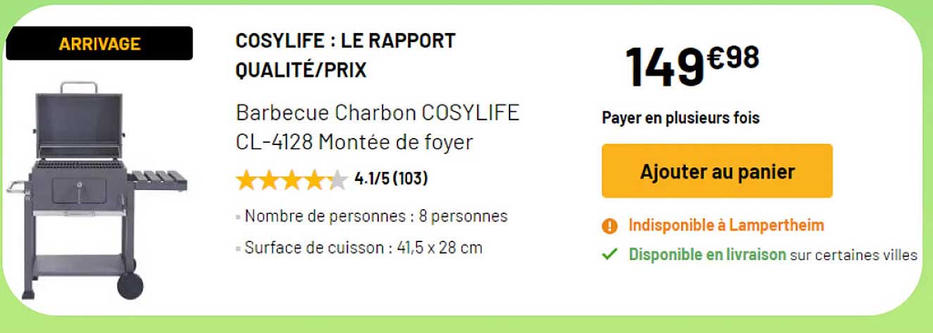barbecue charbon cosylife cl-4128 montée de foyer