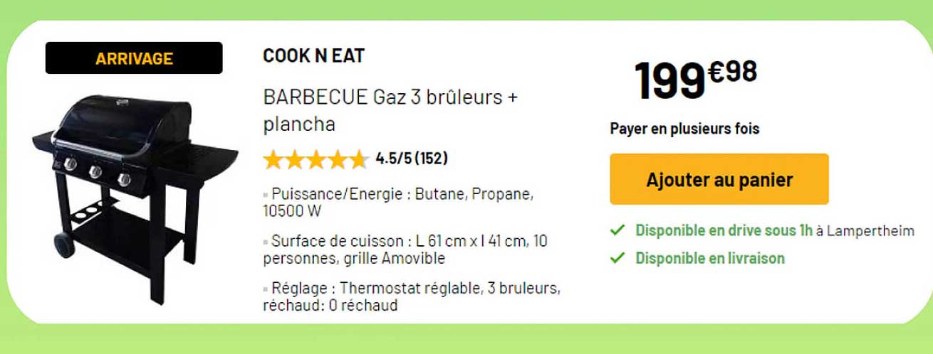 barbecue gaz 3 brûleurs + plancha cook n eat