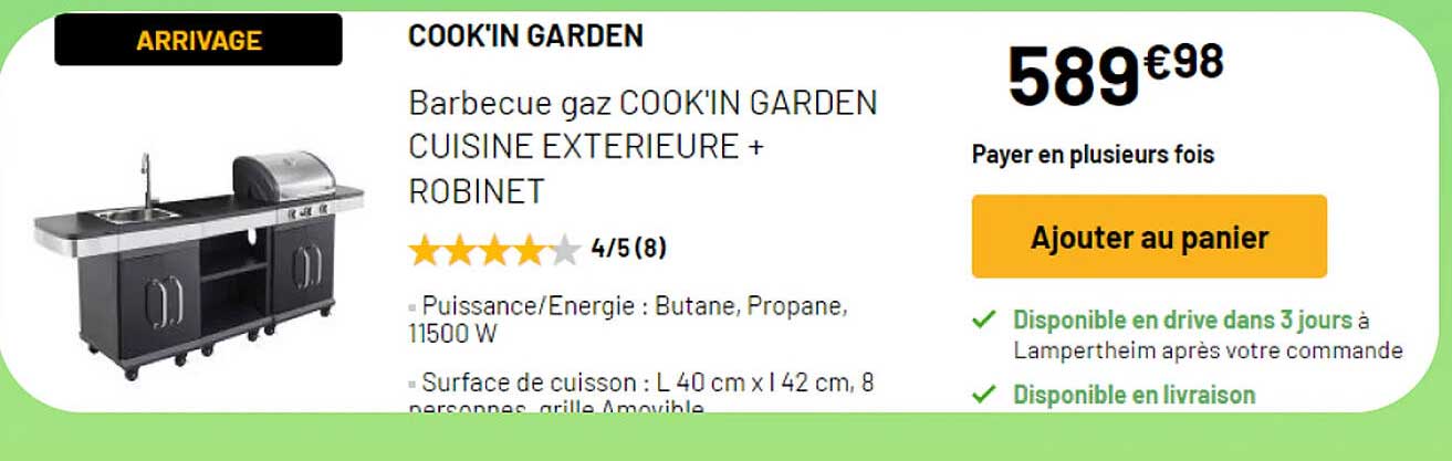 barbecue gaz cook'in garden cuisine extérieure + robinet