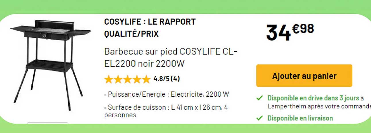 barbecue sur pied cosylife clel2200 noir 2200w