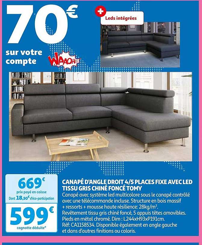 Canapé D'angle Droit 4-5 Places Fixe Avec Led Tissu Gris Chiné Foncé Tomy