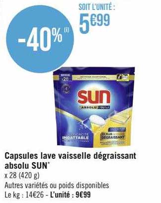 capsules lave vaisselle dégraissant absolu sun