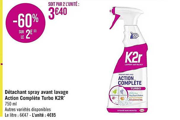 détachant spray avant lavage action complète turbo k2r