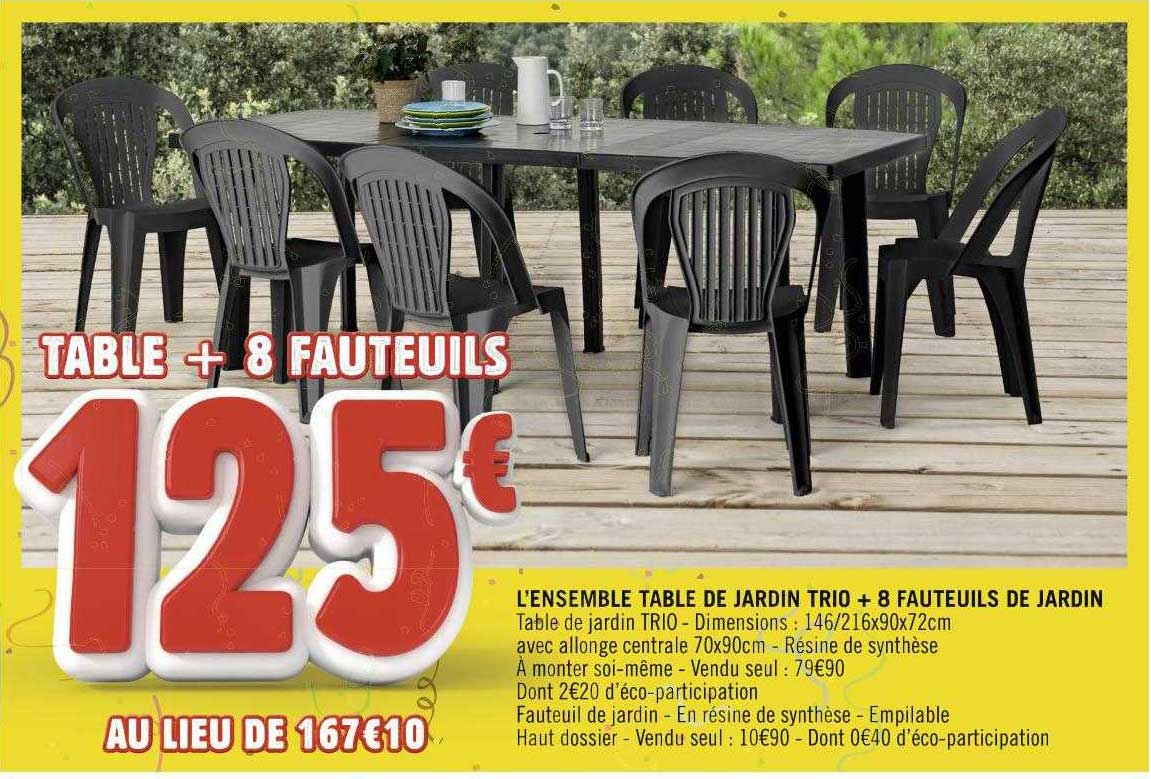 l'ensemble table de jardin trio + 8 fauteuils de jardin