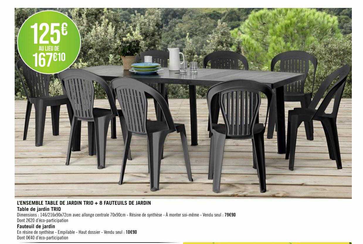 l'ensemble table de jardin trio + 8 fauteuils de jardin
