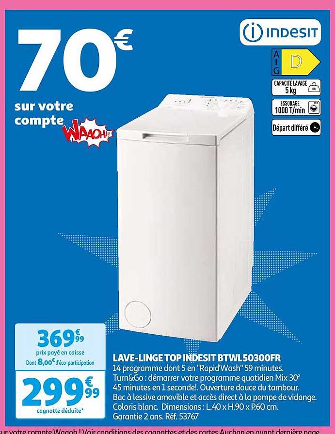 lave-linge top indesit btwl50300fr