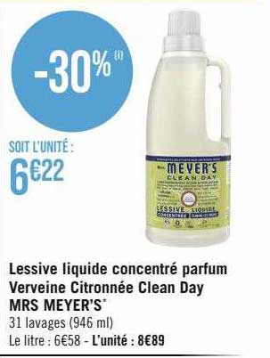 lessive liquide concentré parfum verveine citronnée clean day mrs meyer's
