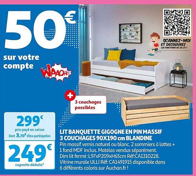 lit banquette gigogne en pin massif 3 couchages 90 x 190 cm blandine