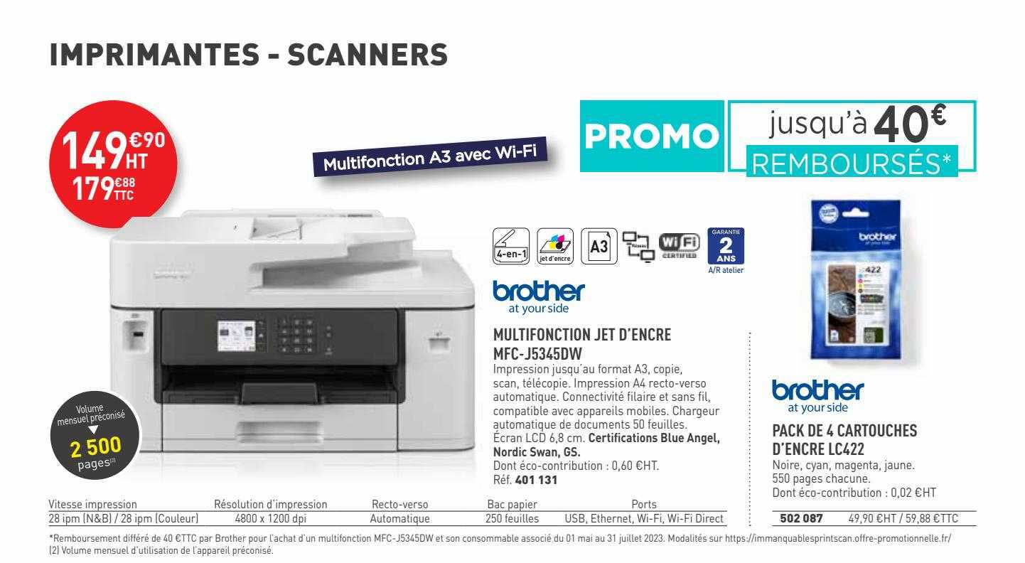 multifonction jet d'encre mfc-j5345dw brother at your side, pack de 4 cartouches d'encre lc422